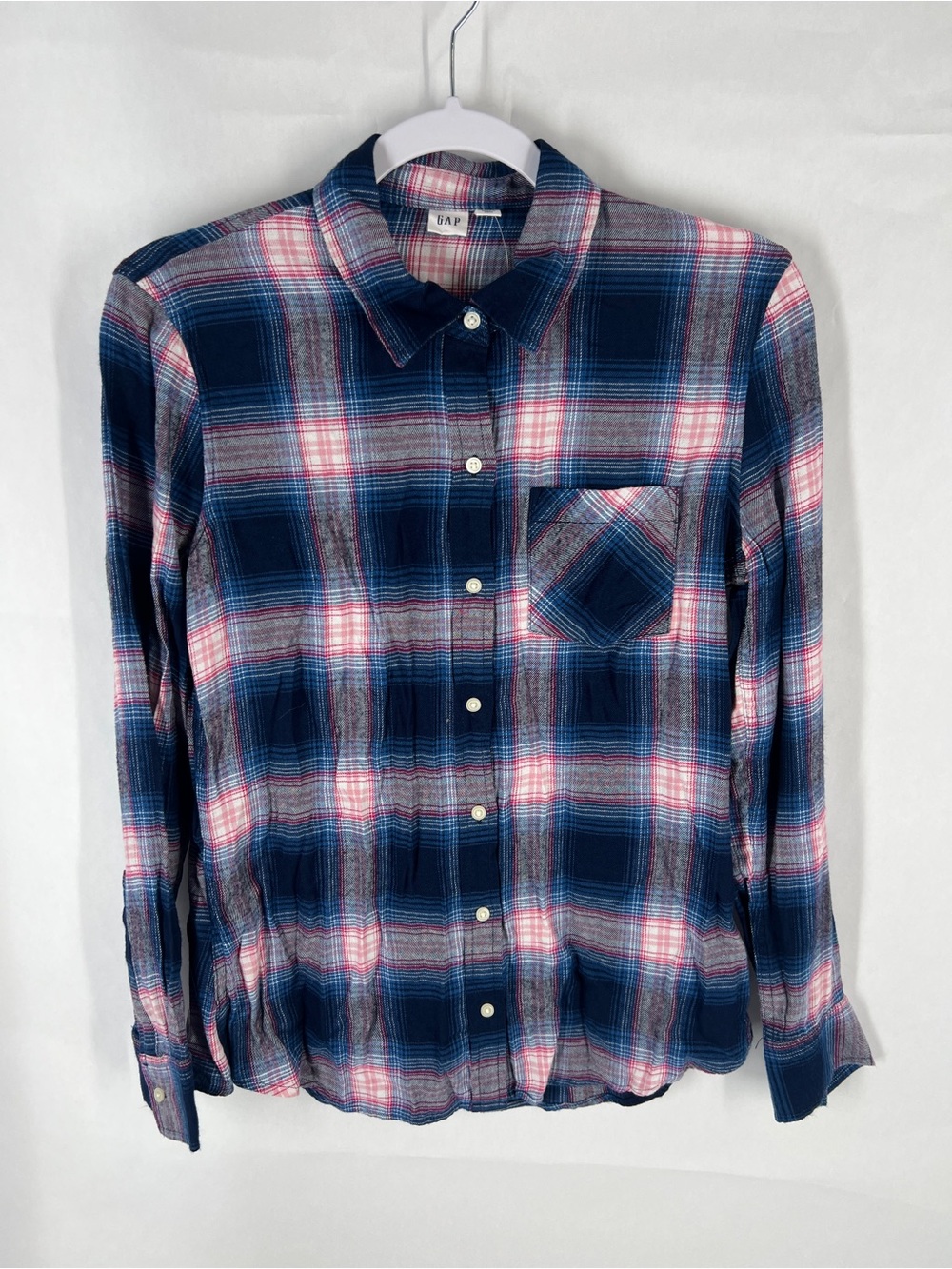 GAP NWT Drapey Plaid Button Down Shirt Navy Pink Plaid Small